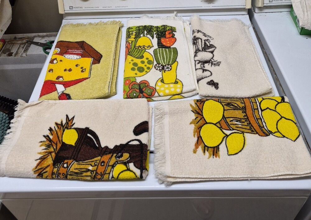 Vintage Cannon Kitchen Towels 1970s Lot Of 5 Retro Granny Chic Kitsch Groovy Mod